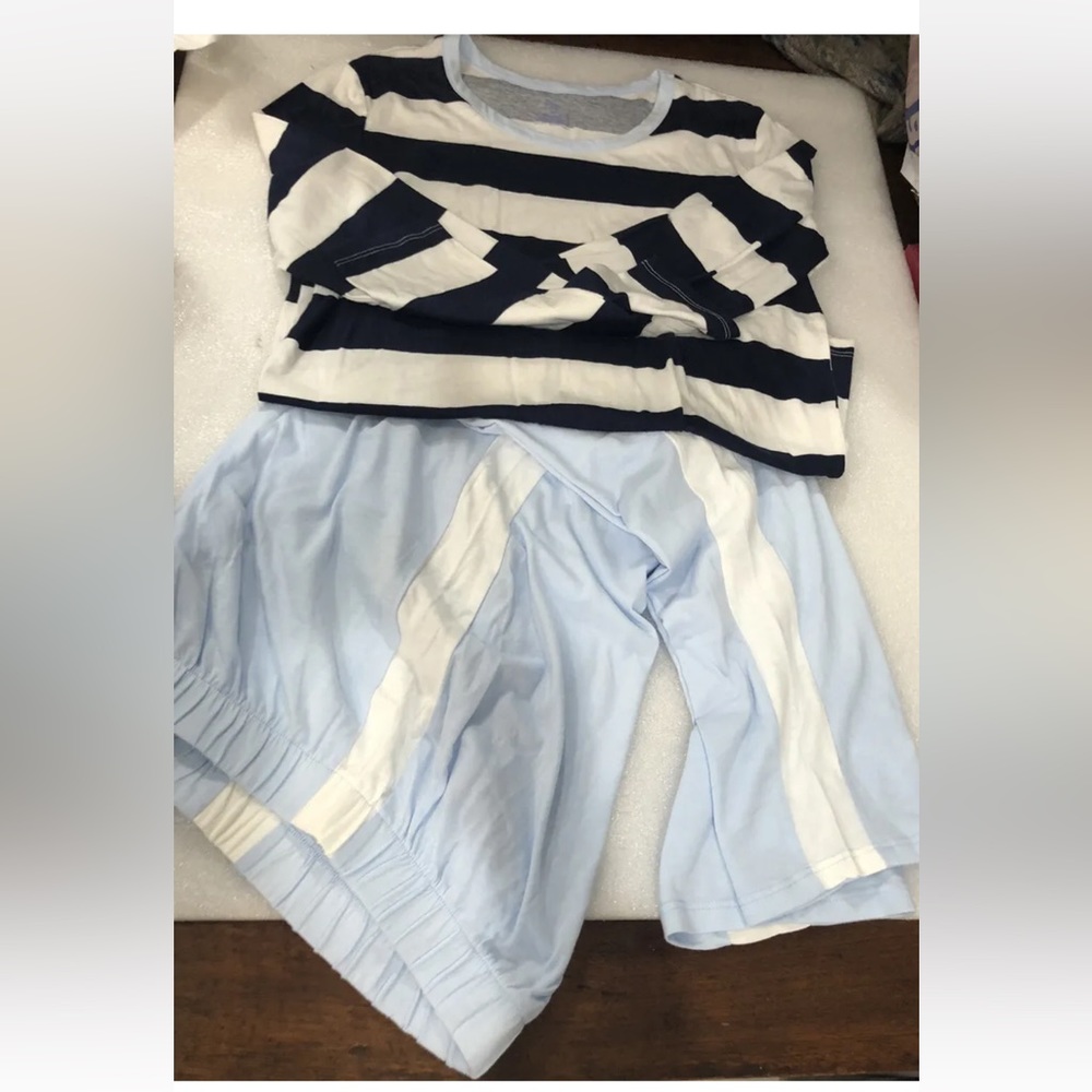 Sleep Chic Women 2 piece Pajama Set Sz-Med Navy Blue/White Stripe,Lgt Blue Pant